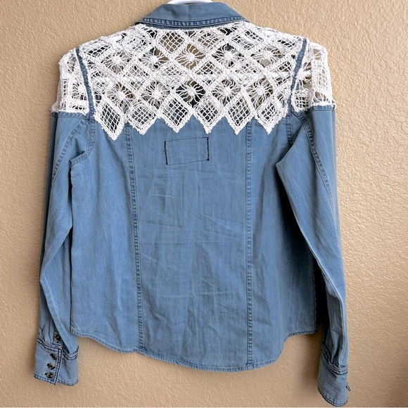 Fee People We The Free Denim Fields Crochet Long Sleeve Button Down Shirt - Picture 3 of 8
